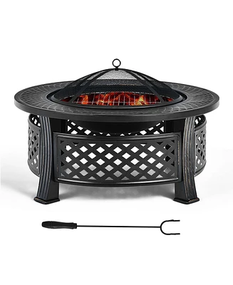 32'' Round Fire Pit Set W/ Rain Cover Bbq Grill Log Grate Poker