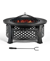32'' Round Fire Pit Set W/ Rain Cover Bbq Grill Log Grate Poker