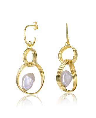 Sterling Silver 14k Yellow Gold Plated with Baroque White Freshwater Pearl Double Drop Half-Hoop Dangle Earrings