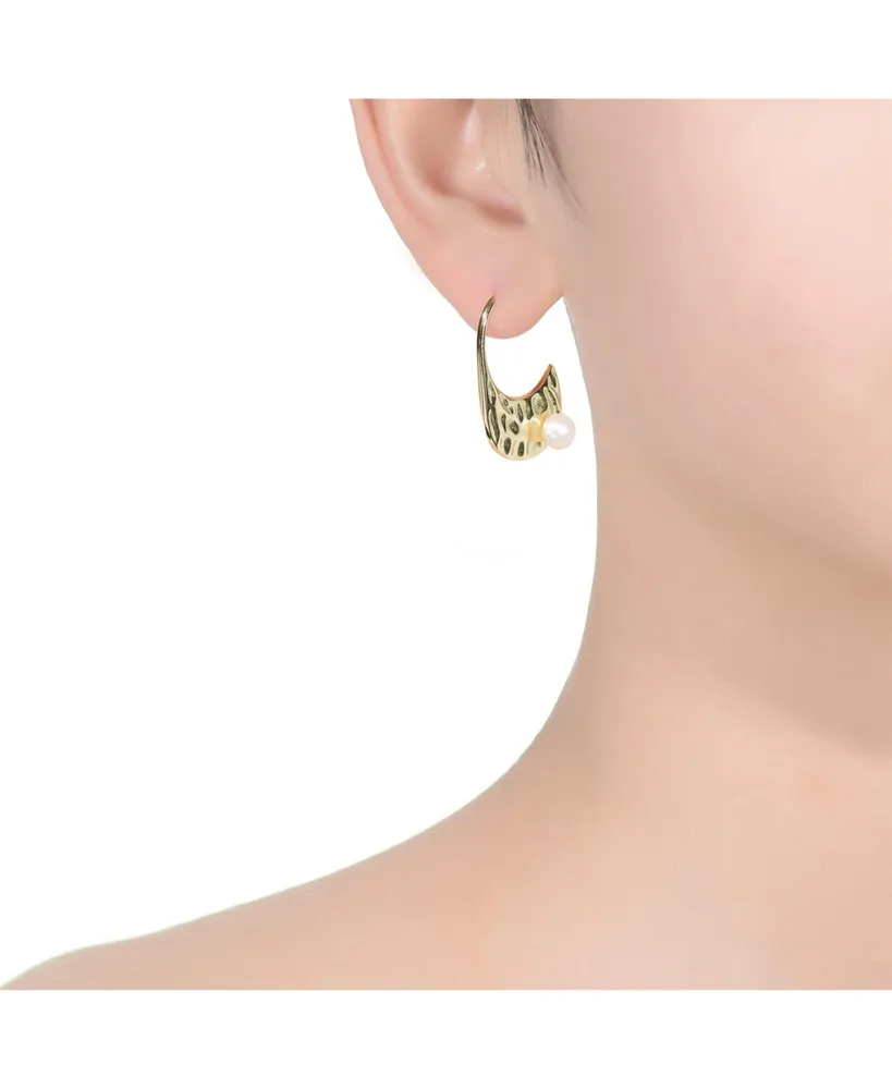 Sterling Silver 14K Gold Plated with Genuine Freshwater Round Pearl Hoop Earrings