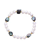 Genevive Sterling Silver White Gold Plated and Freshwater Pearl Abalone Bracelet