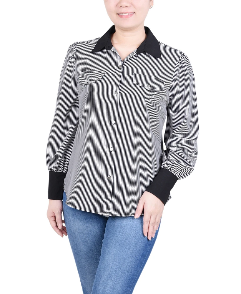 Ny Collection Petite Long Sleeve Striped Button Front Blouse