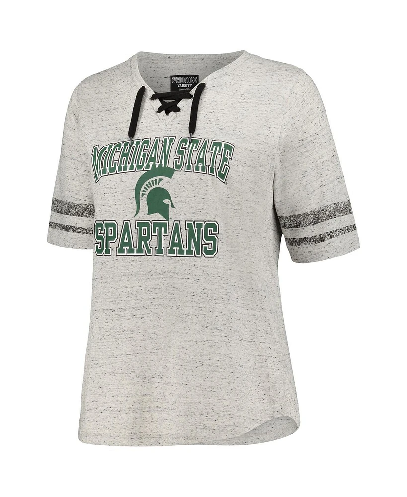 Women's Profile Heather Gray Distressed Michigan State Spartans Plus Striped Lace-Up T-shirt