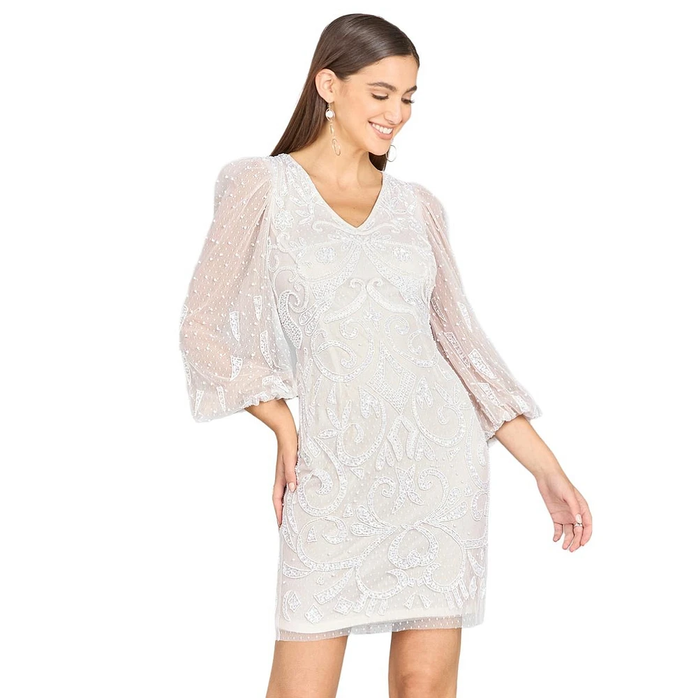 Lara Women's V-Neck, Balloon Sleeve Bridal Mini dress