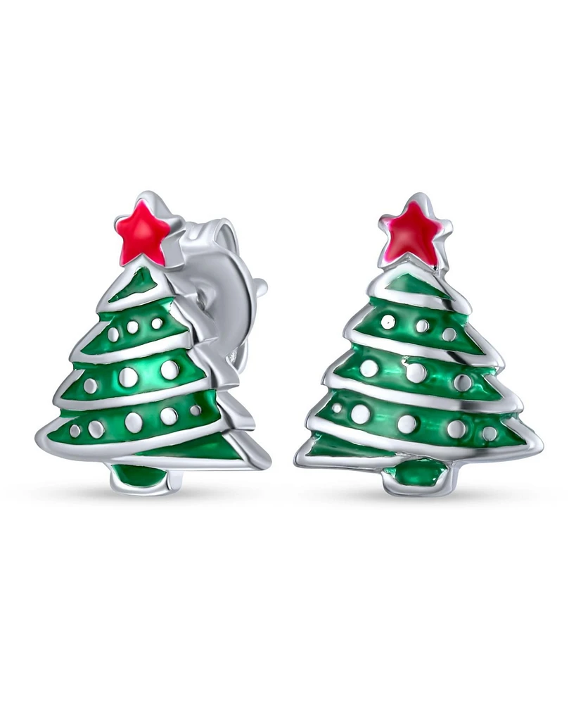 Bling Jewelry Small Fun Winter Holiday Red Star Enamel Green Christmas Tree Stud Earrings Sterling Silver