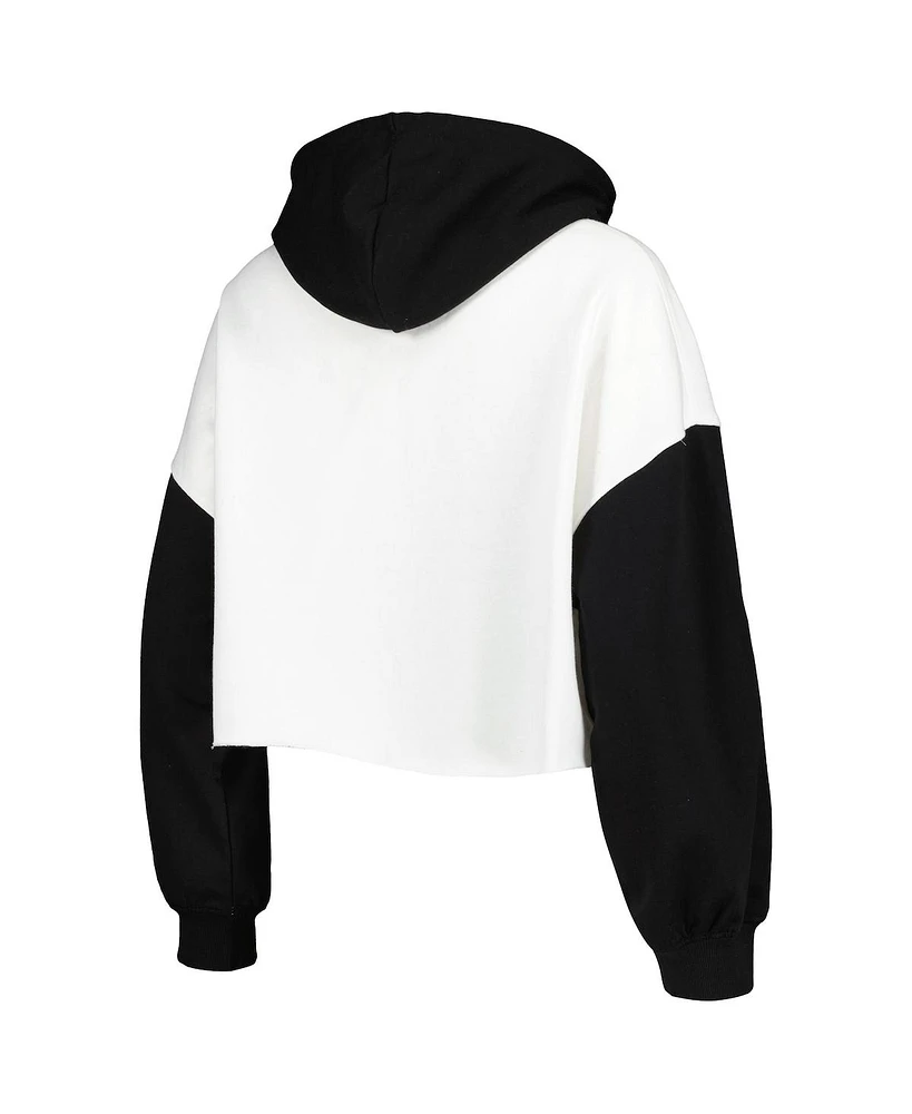 Women's Gameday Couture White, Black Distressed Clemson Tigers Good Time Color Block Cropped Hoodie