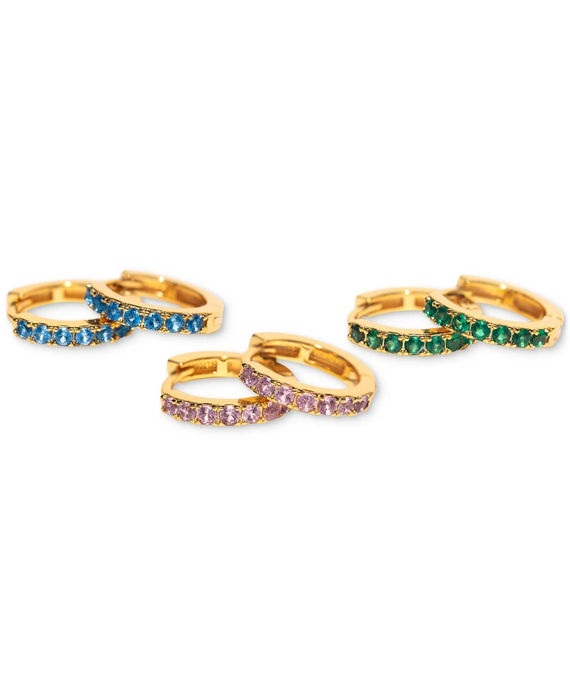 Girls Crew 18k Gold-Plated 3-Pc. Set Small Multicolor Pave Hoop Earrings, 0.5"