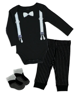 Baby Mode Baby Boys Suspender Bodysuit, Pants and Socks, 3 Piece Set