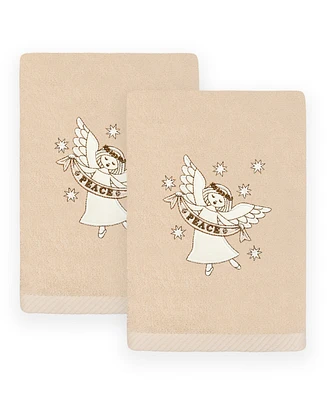 Linum Home Christmas Angel Embroidered Luxury 100% Turkish Cotton Hand Towels, 2 Piece Set