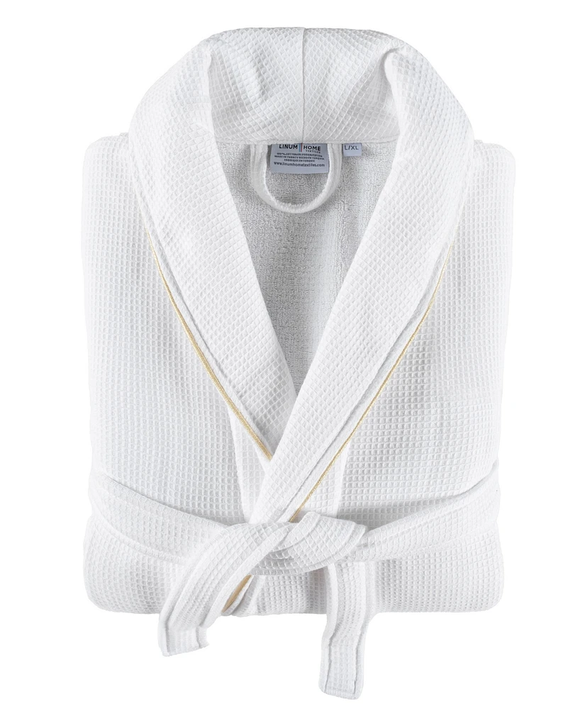 Linum Home Unisex Waffle Weave Terry 100% Turkish Cotton Bathrobe with Satin Piped Trim