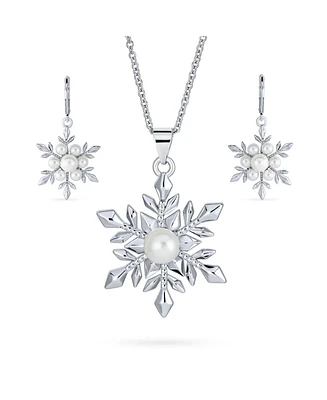 Holiday Party Christmas White Simulated Pearl Snowflake Necklace Pendant Dangling Earrings Jewelry Set For Women