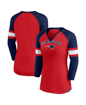 Women's Fanatics Red, Navy New England Patriots Arch Raglan 3/4-Sleeve Notch Neck T-shirt