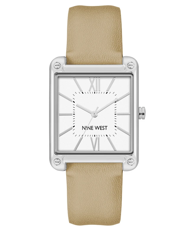 Nine West Women's NW/3022 Strap Watch - White Faux Leather Band, Silver-Tone Sunray Dial, Mineral Crystal