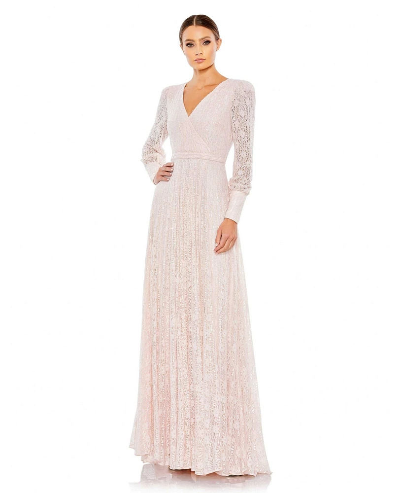 Mac Duggal Women's Beaded Lace Long Sleeve Wrap Over Gown