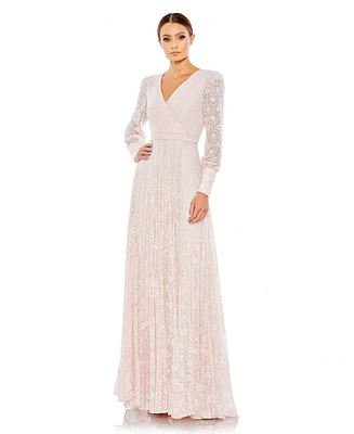 Mac Duggal Women's Beaded Lace Long Sleeve Wrap Over Gown
