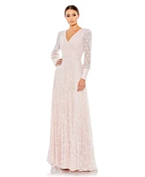 Mac Duggal Women's Beaded Lace Long Sleeve Wrap Over Gown