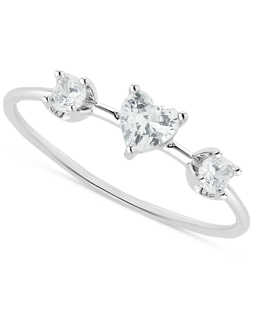 Cubic Zirconia Heart Triple Stone Ring in Sterling Silver