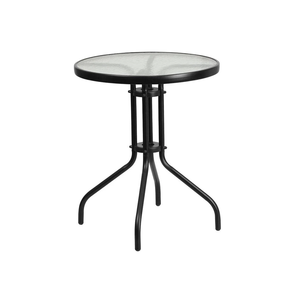 23.75" Round Tempered Glass Metal Table With Smooth Ripple Design Top