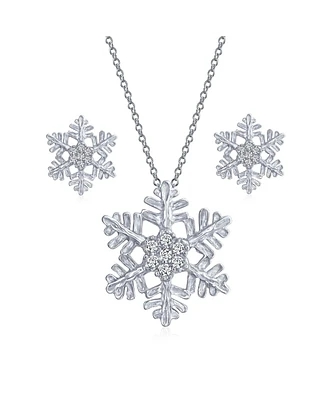 Bling Jewelry Holiday Party Snowflake Pendant Necklace & Earrings Set Blue Cz Sterling Silver