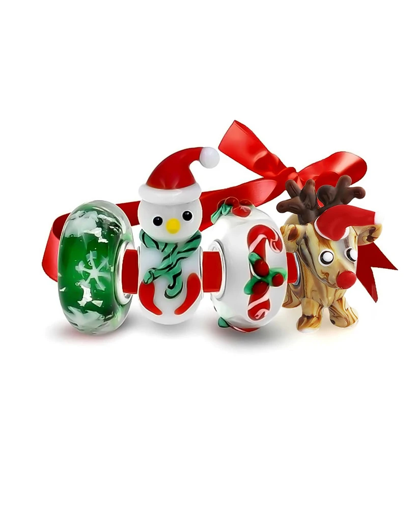4 Murano Glass Christmas Set Reindeer Candy Cane Snowman Snowflake Charm Bead For Teen For Women .925 Sterling Silver