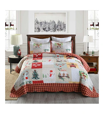 MarCielo 3 Piece Christmas Quilt Bedspread Set B022 - Queen