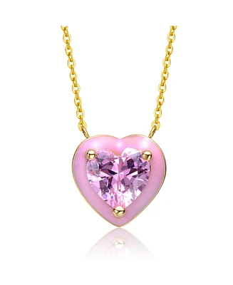 14k Gold Plated with Pink Cubic Zirconia Stone Pink Enamel Heart Dainty Pendant