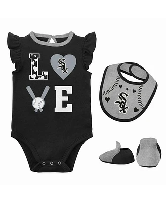 Newborn and Infant Boys Girls Black, Heather Gray Chicago White Sox Three-Piece Love of Baseball Bib Bodysuit Booties Set