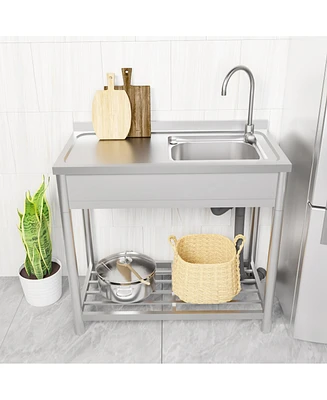 Free Standing Stainless Steel Kitchen Sink with Faucet, Strainer and Shelf, Single Bowl Commercial Restaurant Kitchen Sink Set, for Prep & Utility Ind