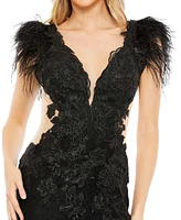Women's Feather Cap Sleeve Lace Gown