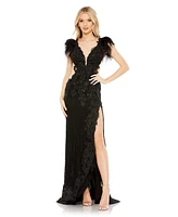 Women's Feather Cap Sleeve Lace Gown