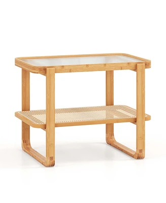 1 Pc Bamboo Side Table with Rattan Shelf Glass Top Nightstand Small Sofa End Table