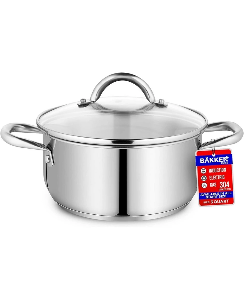 Bakken-Swiss Deluxe 3-Quart Stainless Steel Stockpot w/Tempered Glass See-Through Lid - Simmering Delicious Soups Stews & Induction Cooking