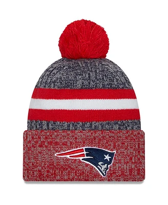 Men's New Era Navy, Red New England Patriots 2023 Sideline Sport Cuffed Pom Knit Hat