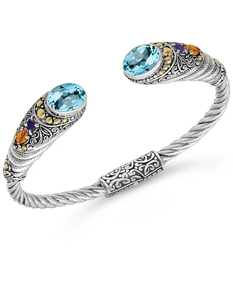 Blue Topaz, Amethyst, Citrine Bali Filigree Cuff Bracelet in Sterling Silver and 18K Gold