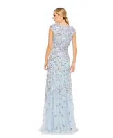 Mac Duggal Women's Sequined High Neck Cap Sleeve A Line Gown