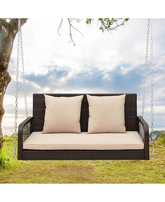 Patio Wicker Porch Swing 2-Person Hanging Loveseat Bench Chair with Cushions