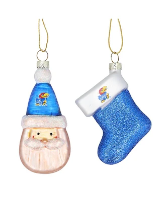 Kansas Jayhawks Two-Pack Santa and Stocking Blown Glass Ornament Set