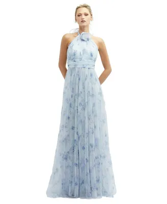 Floral Tie-Back Halter Tulle Dress with Long Full Skirt & Rosette Detail