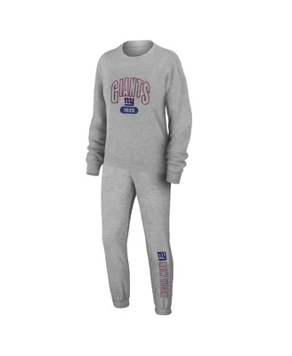 Women's Wear by Erin Andrews Heather Gray New York Giants Knit Long Sleeve Tri-Blend T-shirt and Pants Sleep Set