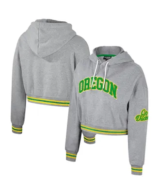 Women's The Wild Collective Heather Gray Distressed Oregon Ducks Cropped Shimmer Pullover Hoodie