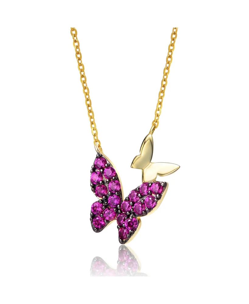 GiGiGirl Sterling Silver 14k Yellow Gold Plated with Red Cubic Zirconia Double Butterfly Layering Necklace