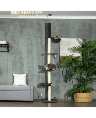 PawHut Floor To Ceiling Cat Tree, 5-Tier Cat Climbing Tower, 95''-106'' Height Adjustable with Carpeted Platforms, Cozy Bed, Hammock, Scratching Post
