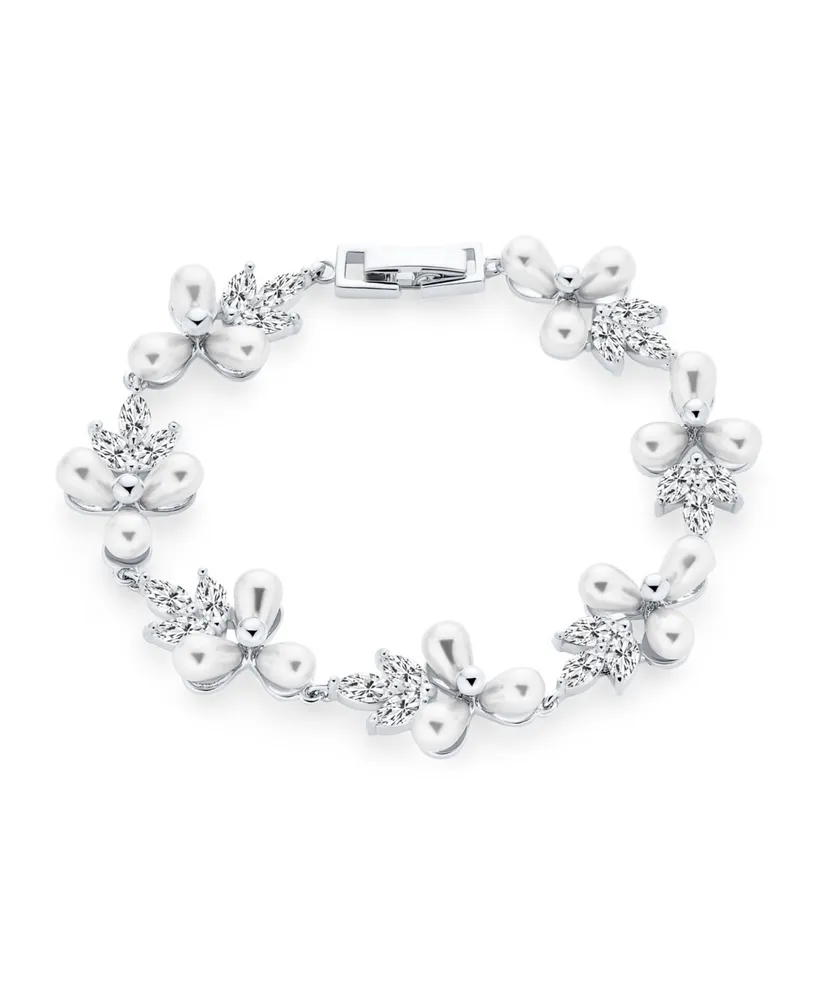 Bling Jewelry Multi Flowers Cz Leaf White Freshwater Cultured Pearl Bracelet 7 Inch