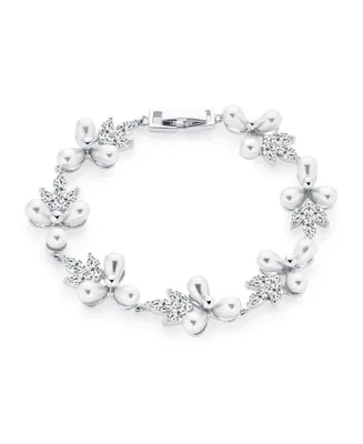 Bling Jewelry Multi Flowers Cz Leaf White Freshwater Cultured Pearl Bracelet 7 Inch