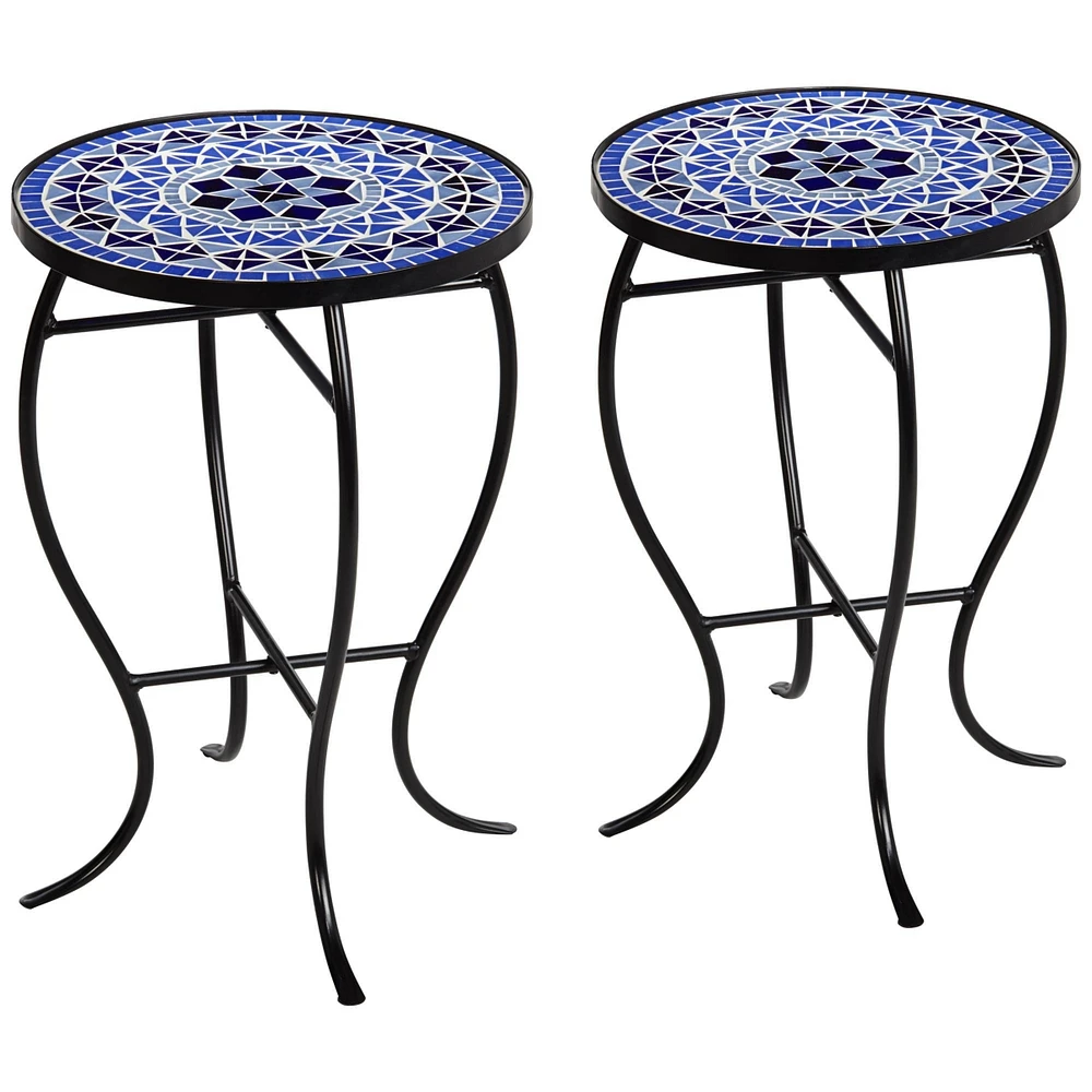 Cobalt Modern Black Metal Round Outdoor Accent Side Tables 14" Wide Set of 2 Light Blue Mosaic Tile Tabletop Gracefully Curved Legs for Spaces Po