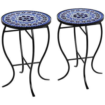 Cobalt Modern Black Metal Round Outdoor Accent Side Tables 14" Wide Set of 2 Light Blue Mosaic Tile Tabletop Gracefully Curved Legs for Spaces Po