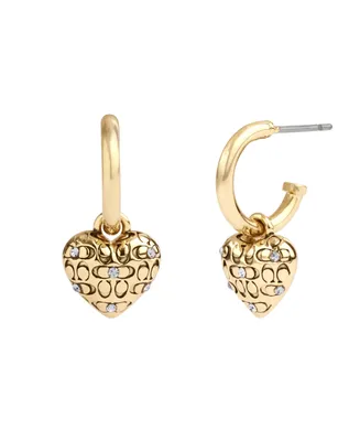 Coach Faux Stone Signature Quilted Heart Charm Huggie Earrings