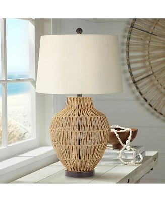 360 Lighting San Marcos Modern Coastal Cottage Table Lamp 27" Tall Natural Wicker Black Metal Oatmeal Fabric Drum Shade Decor for Living Room Bedroom