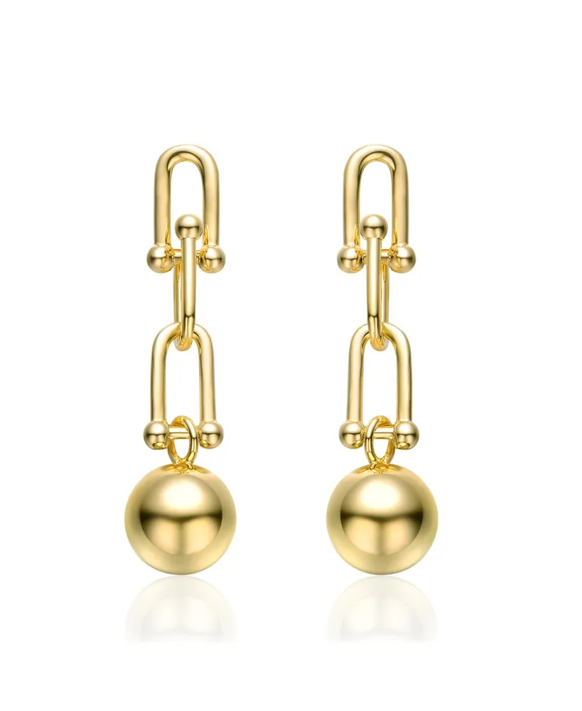 14k Yellow Gold Plated U-Shaped Link Chain Drop Earrings with Golden Ball