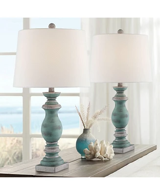 Patsy Country Cottage Traditional Style Table Lamps 26.5" High Set of 2 Blue Gray Washed Tapered Fabric Drum Shade Decor for Living Room Bedroom House